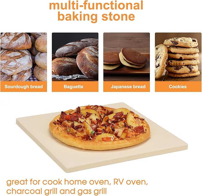 Small 10x10 Inch Cordierite Pizza Stone for RV Camper Oven & Grill, Square Baking Stone for Pizza, Bread, Pies, BBQ, Durable and Safe, with Plastic Scraper