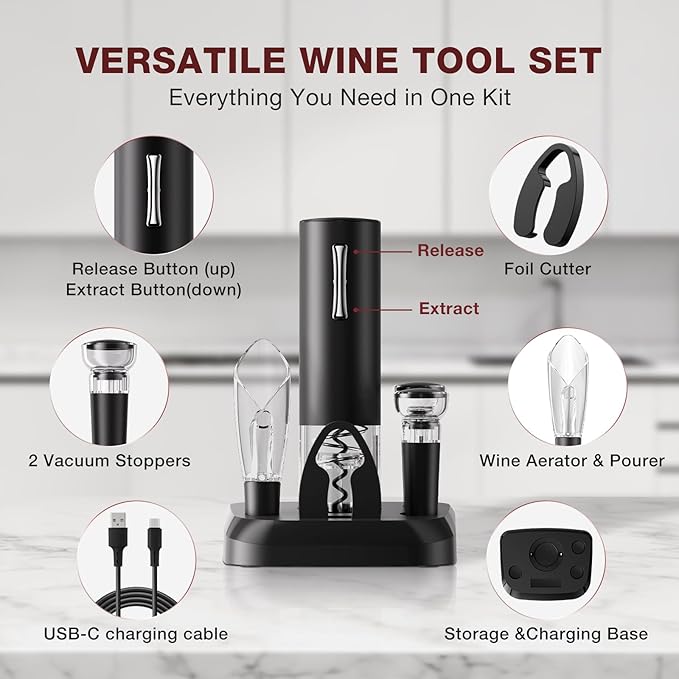 Electric Wine Opener Set, 7-in-1 Wine Gift Set with Charging Base, Foil Cutter, Aerator Pourer, 2 Vacuum Stoppers, Automatic Corkscrew, Wine Saver Kit, Holiday Christmas Gift for Men & Women