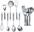 Berglander Cooking Utensil Set 8 Piece, Stainless Steel Kitchen Tool Set with Stand,Cooking Utensils, Slotted Tuner, Ladle, Skimmer, Serving Spoon, Pasta Server,Potato Maseher, Egg Whisk. （8 Pieces）