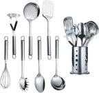 Berglander Cooking Utensil Set 8 Piece, Stainless Steel Kitchen Tool Set with Stand,Cooking Utensils, Slotted Tuner, Ladle, Skimmer, Serving Spoon, Pasta Server,Potato Maseher, Egg Whisk. （8 Pieces）