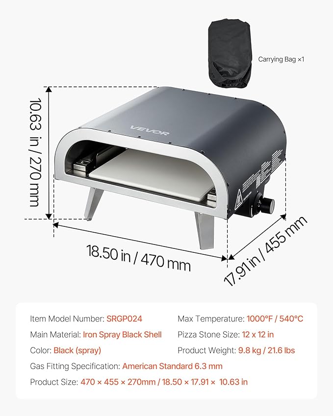 VEVOR Propane Outdoor Pizza Oven, 12 Inch Gas Pizza Maker, Portable Pizza Cooker with Thickened Pizza-Stone, Carry Bag, 3 Layers Pizza-Oven for Outside Backyard Patio Camping, Black