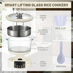 3L Low Carb Rice Cooker,Auto Lift Filter Basket for Low Sugar Rice, 6-Cup Stainless Steel Glass Rice Cooker with Steamer,for Rice, Soup, Oats,Digital Keep Warm (White)