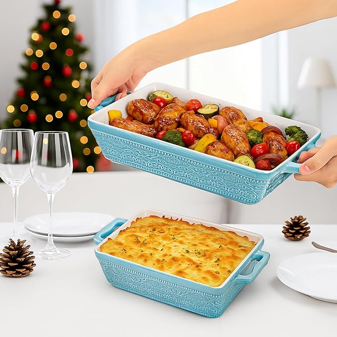 Hacaroa Set of 3 Ceramic Baking Dishes, Rectangular Bakeware with Handles, Elegant Casserole Dish Set Lasagna Pan for Baking, Cooking, Cake Dinner, Banquet, Lake Blue, 3 Sizes