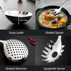 18/8 Stainless Steel Cooking Utensil set, 8 Pieces Metal Kitchen Utensils set, Slotted Spoon,Meat Fork,Ladle,Skimmer,Spatula,Spaghetti Server,Large Spoon,Masher (Dishwasher Safe, Silver)