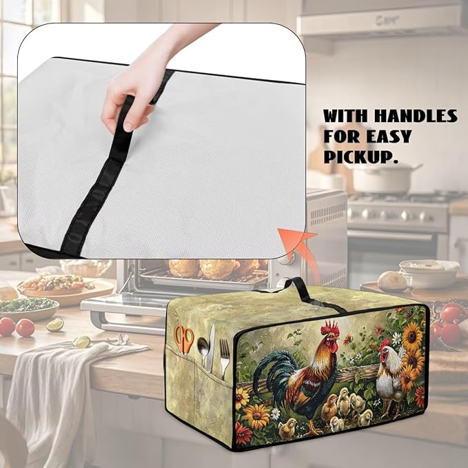 Rooster Sunflower Print Toaster Oven Dust-proof Cover Heat-Resistant Kitchen Small Appliance Air Fryer Covers Universal Washable Microwave Oven Covers (Small-14.5 * 18.46 * 9 inches)