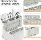 Dish Drying Rack Large Capacity - Stainless Steel Dish Rack for Kitchen Counter with Drain Board, Rustproof Dish Drainer with Auto Drain Spout, Utensil Holder & Glass Holder, Dinnerware Organizer