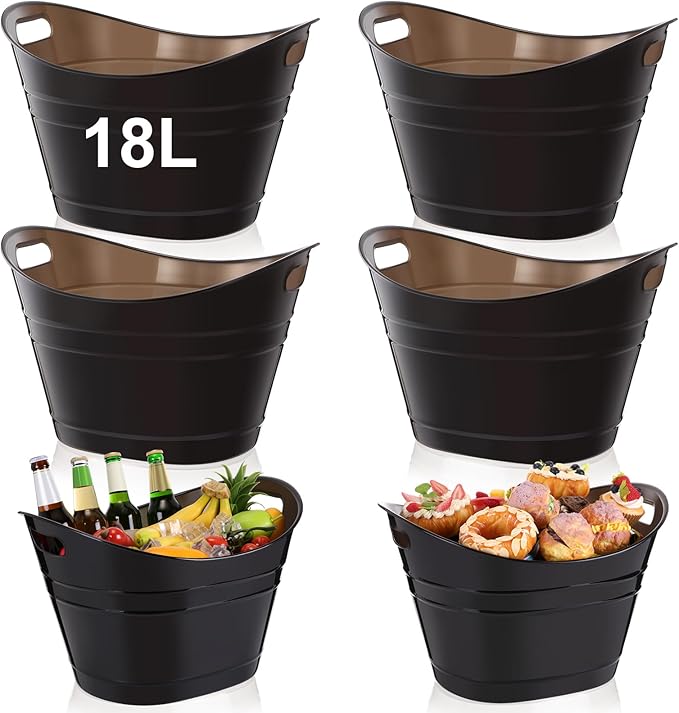 meekoo 6 Pcs Plastic Ice Buckets Bulk with Handles 4.5L Oval Storage Tub Large Capacity Ice Drink Bucket for Easter Summer Party Bar Wine Beer Champagne Beverage Bottle Cooler(18 L,Black)