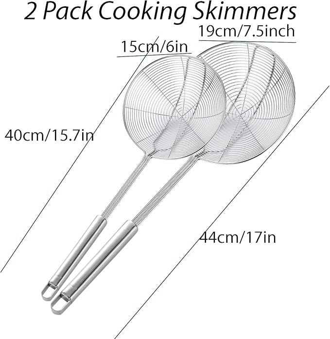 Stainless Steel Spider Skimmer, Set of 2 Professional Kitchen Pasta Strainer Spoon with Long Handle (L17 x D7.5 and L15.7 x D6)