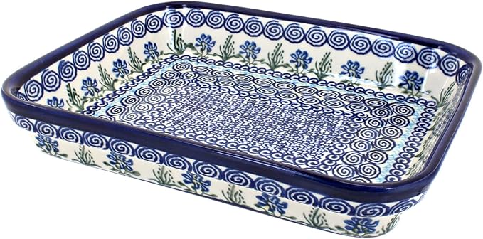 Blue Rose Polish Pottery - Blue Charleston Small Rectangular Baker - 10.25" x 8" - Unique, Dishwasher Safe, & Durable Bakeware