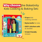 Baketivity Kids Baking Bundle – DIY Cake Pop Kit & 31-Piece Real Kids Cooking Set – Pre-Measured Kosher Ingredients, Safe Utensils, Illustrated Recipes & Video Guide – Fun Gift for Ages 6+