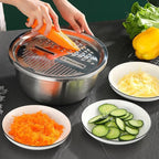 Germany Multifunctional Stainless Steel Basin, 3 in 1 Vegetable Grater Julienne Slicer Stainless Steel Colander, Fruit Slicer for Kitchen Vegetable Slicer Grater Strainer Drain Basket (10.2in, Silver)