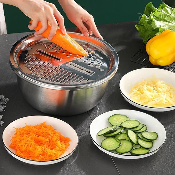 Germany Multifunctional Stainless Steel Basin, 3 in 1 Vegetable Grater Julienne Slicer Stainless Steel Colander, Fruit Slicer for Kitchen Vegetable Slicer Grater Strainer Drain Basket (10.2in, Silver)
