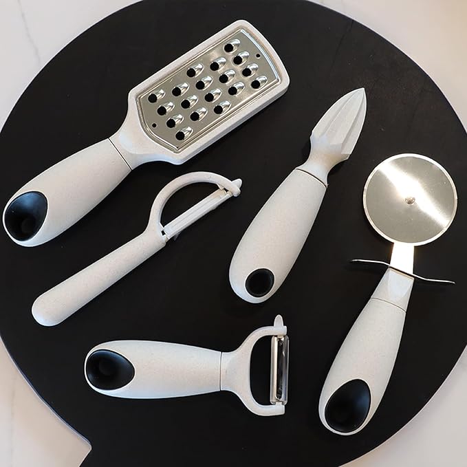 Beille 7pc Wheat Straw Complete Kitchen Utensils Set, Cream