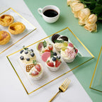 FOCUSLINE 8 PCS Plastic Serving Trays for Party, Clear and Gold Rim Serving Platters and Trays, Premium Plastic Fruit Tray, Disposable Platters for Cupcake, Dessert, Appetizers