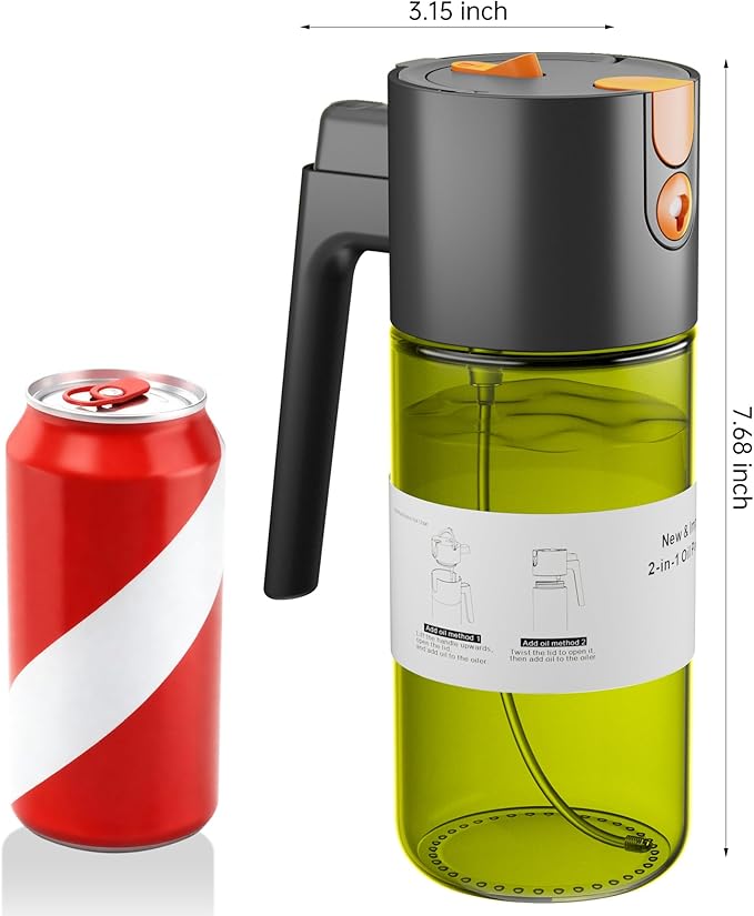 OURCABECUE Upgrade 2 in 1 Oil Sprayer for Cooking, 17oz Light-Blocking Glass Olive Oil Dispenser Bottle for Kitchen, Food-Grade Oil Mister with 8 Stickers for Salad, Frying (Green Bottle-Black Gap)