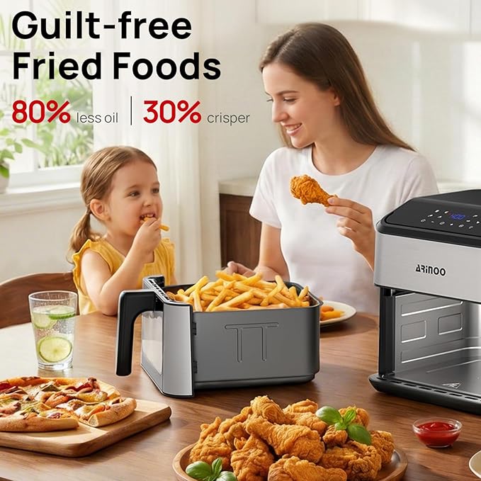 8 Qt Air Fryer Pro, 8-In-1 Air Fryer with Viewing Window, 360° Crispy, 80% Less Oil, Quiet, Nonstick Dishwasher-Safe Basket, 1500W, Recipe Book, Black