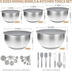 Deedro Premium Mixing Bowls with Airtight Lids Set, 22Pcs Thicker Stainless Steel Mixing Bowl Set, Large Prep Metal Bowls, Non-Slip Silicone Base Nesting Bowls for Kitchen, 1.5/2/3/4/5 QT, Gray