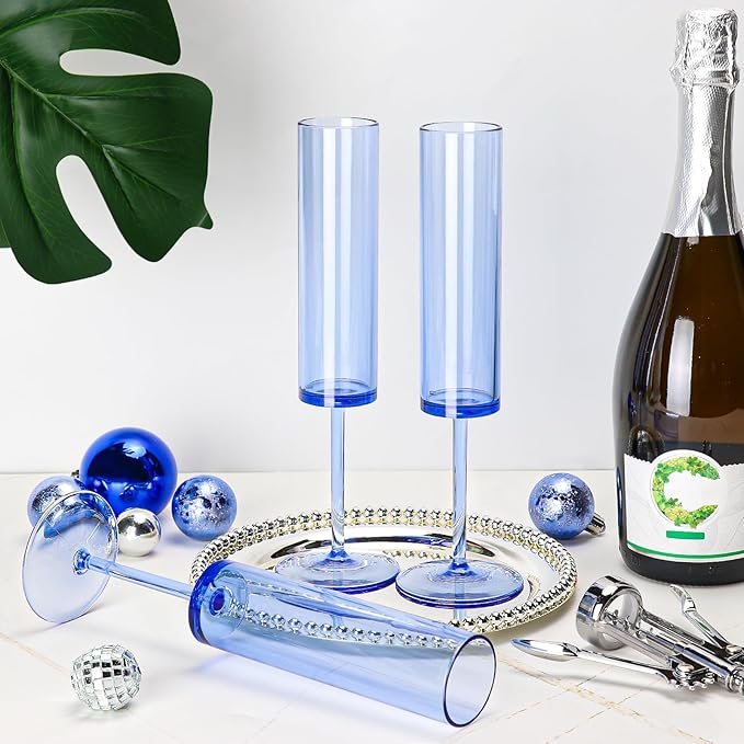 24 PCS Sapphire Blue Plastic Champagne Flutes 5.4 OZ Clear Acrylic Champagne Flutes Sparkling Wine GlassesLong Stem Crystal Champagne Glasses For Wedding Baby Shower Anniversary Birthday