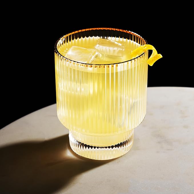 Viski Meridian Lowball Glasses Set of 2 - Premium Crystal Clear Vintage Drinking Tumblers for Whiskey, Scotch & Bourbon in Art Deco Ripple Glassware Design, Gold Rimmed Glassware Gift Set, 10.5 oz