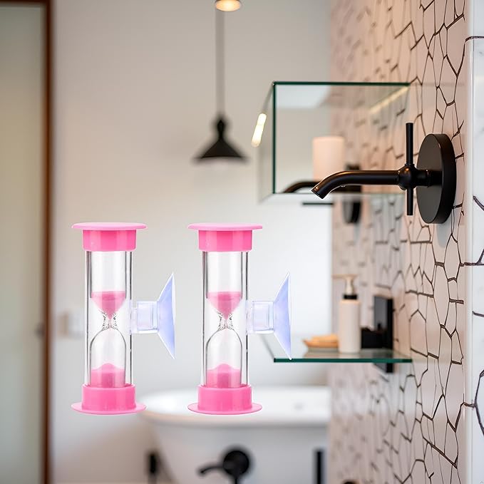 2Pcs Pink 2 Minute Plastic Sand Timer Hourglass Sand Clock with Suction Cup Time Funnel Shower Timer Tooth Brushing Time Reminder Timers Thermometers Kitchen and Dining