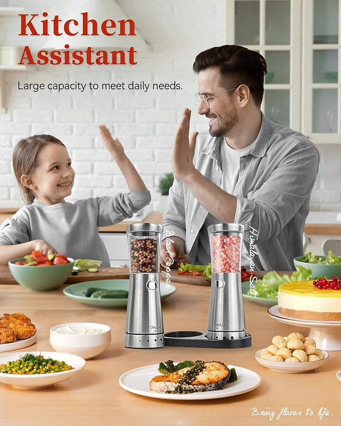 Electric Salt and Pepper Grinder Set with Storage Base, Stainless Steel Rechargeable Salt and Pepper Grinder Set with 4.5 oz Large Capacity, 1.8" Wide Mouth, Adjustable Coarseness, Ideal for Kitchen