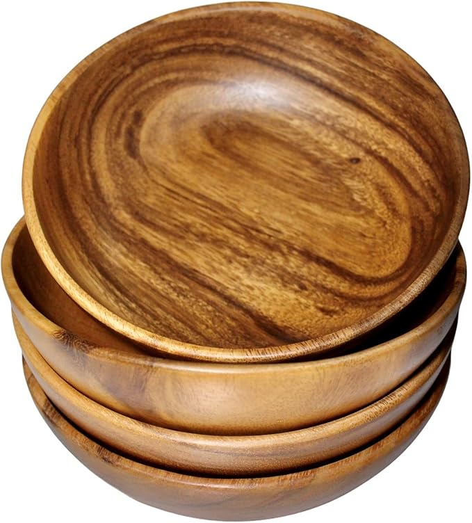 Wooden Salad Bowl Set – Set of 4 Acacia Wood 7” Wood Salad Bowls for Food, Rustic Handcrafted Kitchenware for Snacks, Fruit & Sides, Gift-Ready for Holidays & Housewarming