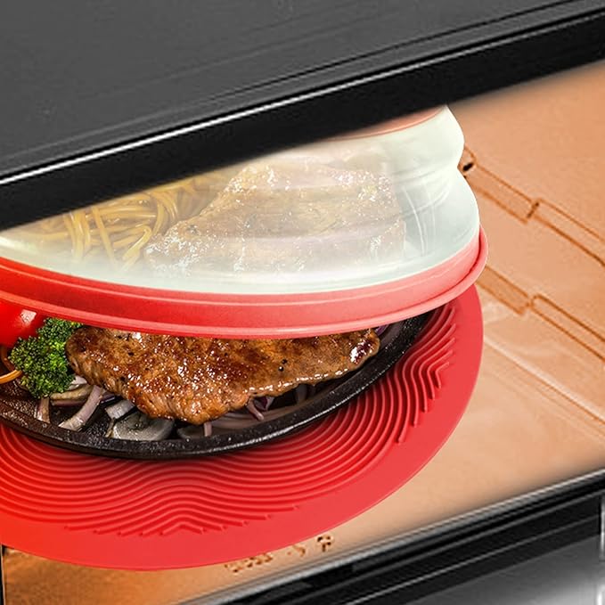 2 in 1, Aidacom Microwave Mat & Food Cover- Mat as Bowl Holder, Cover for Splatter Guard, Multi-use: Silicone Trivet, Pot Holders, Drying, Baking, Place Mat, Utensils Rest for Kitchen Counter, Red