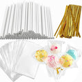 360pcs Cake Pop Sticks and Wrappers Ties Kit, Including 120ct 6-inch Paper Lollipop Stick, 120ct Cake Pop Parcel Bag, 120ct Gold Twist Tie for Candy Making Packaging Supplies