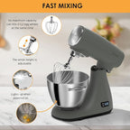 Mixers Kitchen Electric Stand Mixer 5.5QT 600W, Aluminum die casting and Gears, Dual Cooling System, Low Noise, DC Motor, LED Display and Timing Function, Tilt-head Metal Food Mixer, Grey