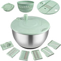 Salad Spinner Stainless Steel, 5.3 Qt Large Vegetables & Fruits Wash Bowl, Lettuce Washer Spinne with 5 Blade Slicer Egg Yolk Strainer, Lettuce Spinner with Stop Button Drain Spout for 2-3 Servings