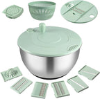 Salad Spinner Stainless Steel, 5.3 Qt Large Vegetables & Fruits Wash Bowl, Lettuce Washer Spinne with 5 Blade Slicer Egg Yolk Strainer, Lettuce Spinner with Stop Button Drain Spout for 2-3 Servings