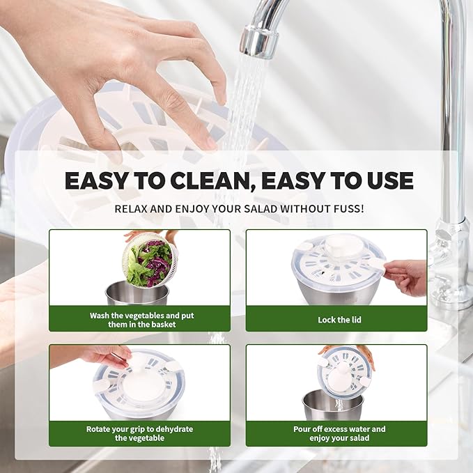 Stainless Steel Salad Rotator, 5-quart Vegetable Dishwasher,Lettuce Cleaner and Dryer, Salad Spinner