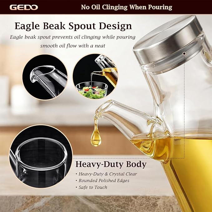 GEDO Borosilicate Glass Oil Dispenser, Eagle Beak Drip-Free Spout with Airtight Stainless Steel Lid, Measurement Markings & Ergonomic Handle, Multi-Purpose for Kitchen & Outdoor Picnic (0.79QT/750ml)