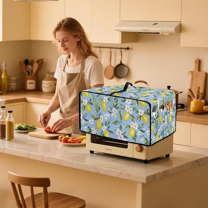 Lemon Daisy Print Toaster Oven Heavy Duty Cover with Pockets, Dust-proof Anti Fingerprint Microwave Oven Cover, Air Fryer Covers for Kitchen Counter (Medium-16.1*19.71*10 inches)