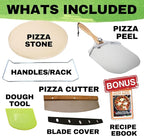 Round Pizza Stone for Oven 16 inch - Large Pizza Stone with Handles, Metal Pizza Peel, Pizza Cutter and Dough Tool - Baking Stone for Oven Bread - Thick Durable Cordierite Baking Stones