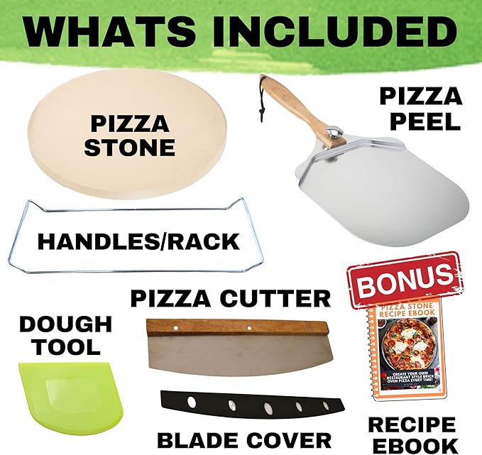 Round Pizza Stone for Oven 16 inch - Large Pizza Stone with Handles, Metal Pizza Peel, Pizza Cutter and Dough Tool - Baking Stone for Oven Bread - Thick Durable Cordierite Baking Stones