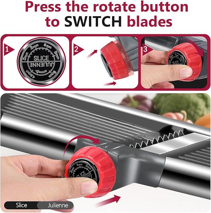 Masthome Adjustable Mandoline Food Slicer, Mandoline Slicer for Kitchen, Stainless Steel Mandolin, Fruit and Vegetable Cutter with Cut-Resistant Gloves and Cleaning Brush-Red