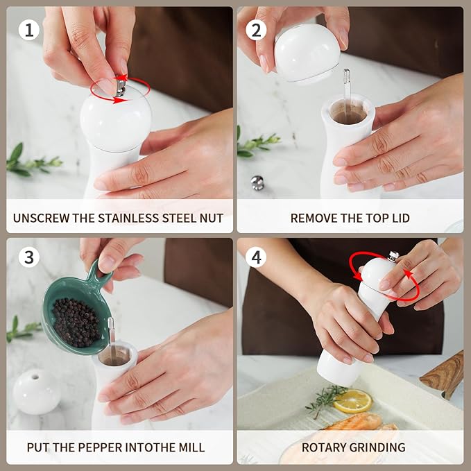 SHIKORI Manual Wooden Salt and Pepper Mills Shakers, 6.5 inch Salt and Pepper Grinders Set,Ceramic Rotor with Strong Adjustable Coarseness-White-2Pcs