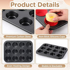 2 Set 12-cup Non Stick Carbon Steel Muffin Pan for Baking with 24 Reusable Silicone Liners, Non Toxic Cupcake Pan Muffin Tin for Easter Wedding Brownies Egg Bite, Easy to Pop(Red)