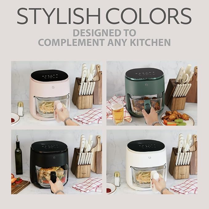 WILLOW Eco Series 6 in 1 Air Fryer with Glass Basket, 5 Quart Non Toxic Air Fryer w Digital Display, 430°F Max Temp, Preheat & Keep Warm Function, Compact + Dishwasher Safe Glass Airfryer - GREEN