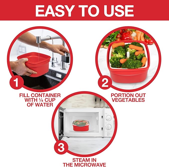 Microwave Food Steamer for Vegetables - 3 PC Microwavable Cooker with Storage- Cooking Made Easy- Removable Strainer Basket & Locking Steam Vent Lid - BPA Free, Fridge & Freezer Safe | 1.3 Liters