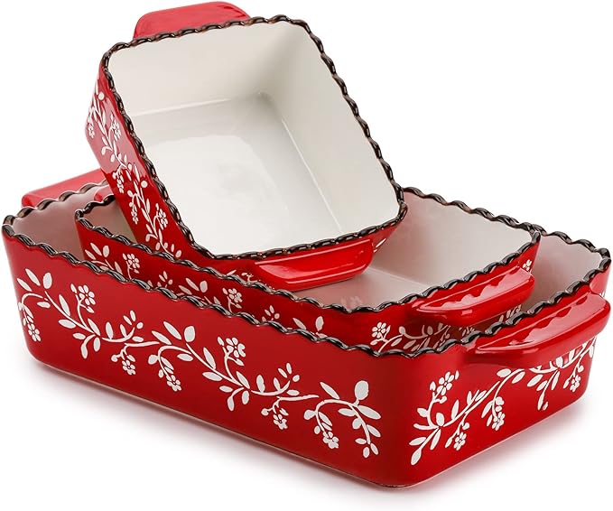 AVLA 3 Pack Ceramic Bakeware Set, Porcelain Rectangular Baking Dish Lasagna Pans for Cooking, Kitchen, Casserole Dishes, Cake Dinner, 12 x 8.5 x 6 Inches of Baking Pans, Banquet and Daily Use, Red