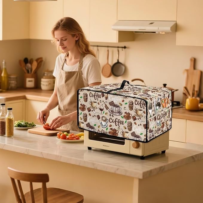 Coffee Chocolate Cake Print Toaster Oven Cover with Top Handle, Heavy Duty Dust-proof Microwave Oven Cover Compatible with Most Toasters Ovens (Medium-14.5 * 18.46 * 9 inches)