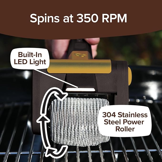 Horsepower Giddy Up GOLD Bristle-Free Spinning Grill Brush w/LED & Longer Run Time, Cordless/Rechargeable, 304 Stainless Steel Power Roller Blasts Away Burnt-On Food, No Bristles No Preheating 350 RPM