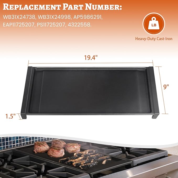 Stove Top Griddle for GE Gas Stove Replacement WB31X24738 Grill Stovetop Cast Iron Pan Flat Plate General Electric Rang Parts Burner Center Griddles Cooktop WB31X24998