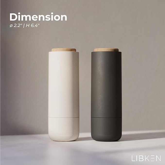 LIBKEN Non-Spill Salt and Pepper Grinder Set - Adjustable Ceramic Grinder - Minimalistic Spice Mill - Easy to Refill Condiments Dispenser - Wood & Soft-Coated Plastic - 6.2 x 2.2 inch (White & Grey)