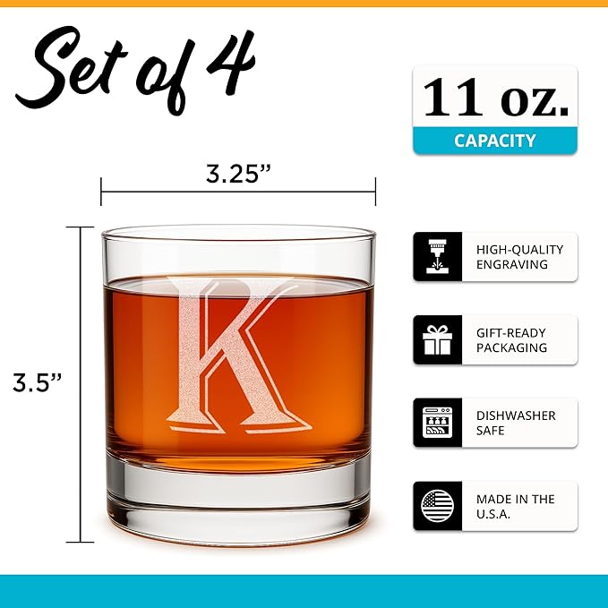 On The Rox (K-Monogram)- 4 Piece Set of 11 Ounce Engraved Heavy Base Rocks Whiskey Glasses Elegant Glass-Bourbon Multi-Purpose Beverage-Rocks Glass- Gift for any Occasion Drinks