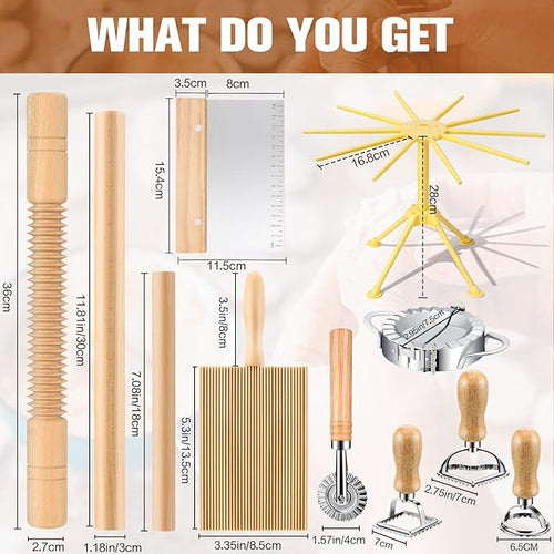 11 Pcs Pasta Making Tools Kit - Pasta Drying Rack, Gnocchi Board,Pasta Cutter, Ravioli Stamps, Wood Threaded Pasta Roller Pin Set, Noodle and Dumplings Maker