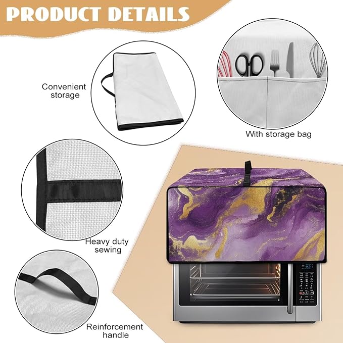 Marble Print Toaster Oven Cover, Dust-proof Heavy Duty Toaster Oven Cover for kitchen, Air Fryer with Accessory Pockets, Gold Violet, (Medium-16.1*19.71*10 inches)