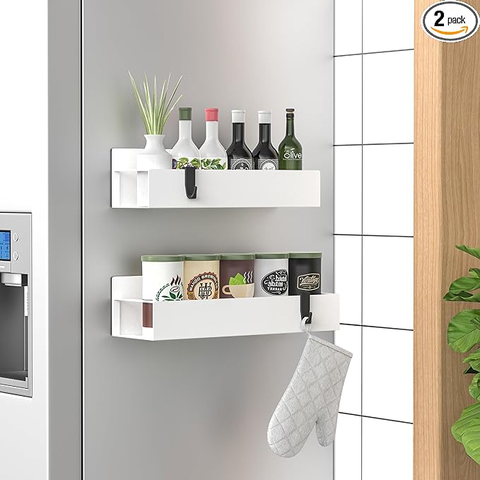 HuggieGems 2 Pack Magnetic Spice Storage Rack Organizer for Refrigerator and Oven, White Fridge Organizers and Storage